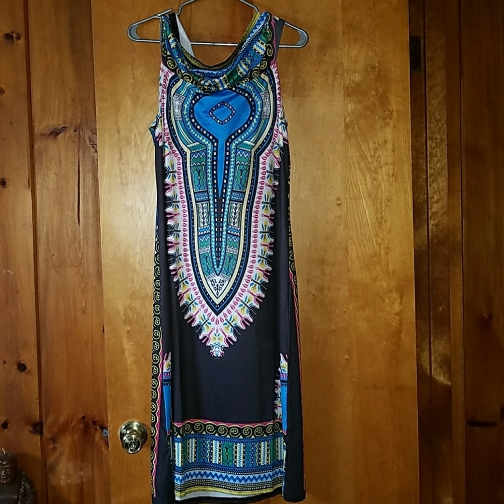 Dashiki print dress, with hood.